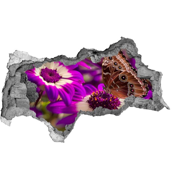 Samolepící díra na stěnu Motýl na květinách v díře ve zdi