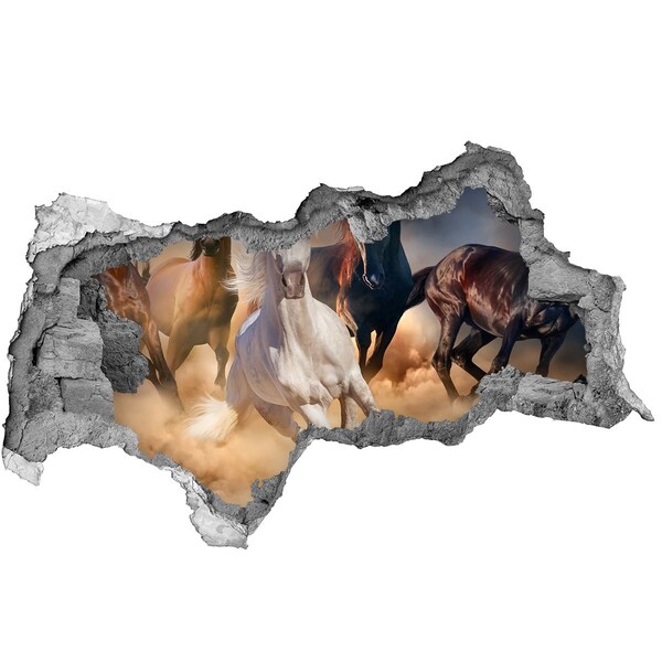 Fototapeta díra na zeď 3D Cválající koně skrz zeď