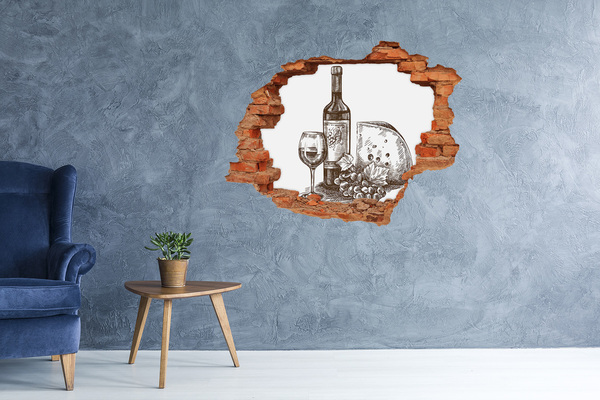 Nálepka 3D díra samolepící Víno a sýr na pozadí poškozené zdi