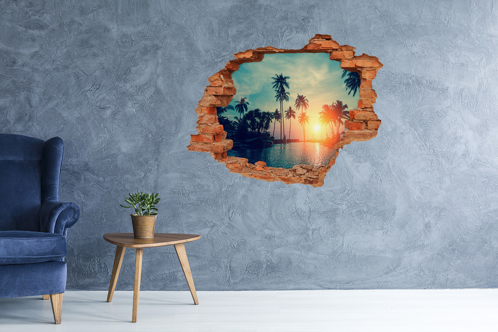 Díra 3D ve zdi nálepka Západ slunce palmy