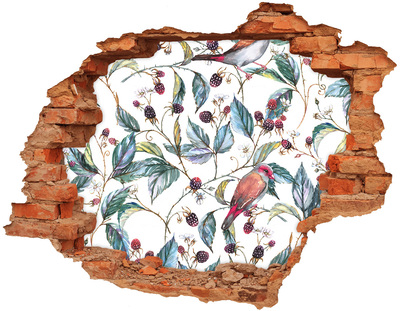 Nálepka 3D díra na zeď Pták mezi ostružinami