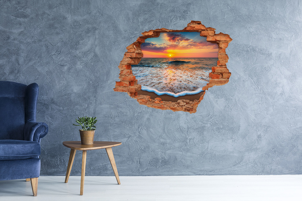 Díra 3D ve zdi nálepka Západ slunce na moři