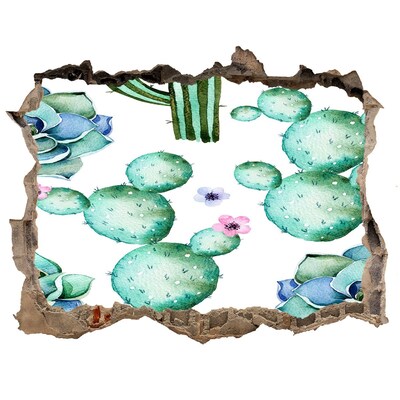 Nálepka 3D díra na zeď beton Kaktusy v díře ve zdi