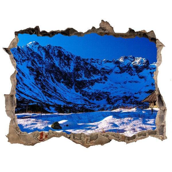 Díra 3D ve zdi nálepka Zimní chata v horách