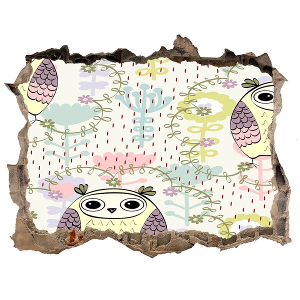 Samolepící nálepka na zeď Díra ve zdi se sovou a květinami