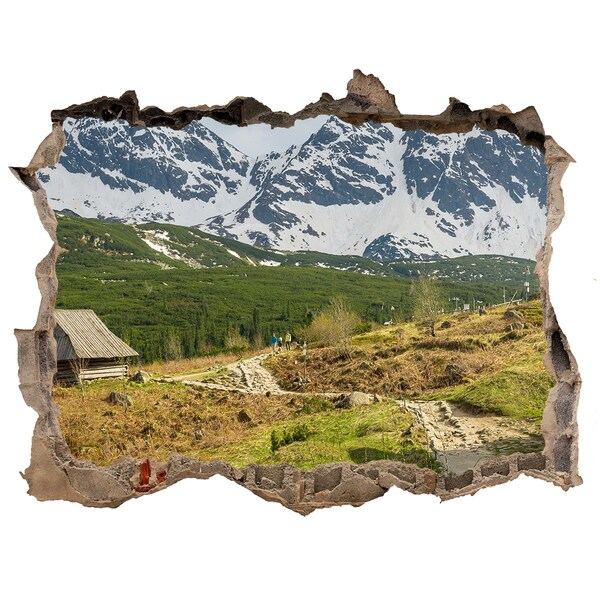 Díra 3D ve zdi na stěnu Horská krajina s vesnicí