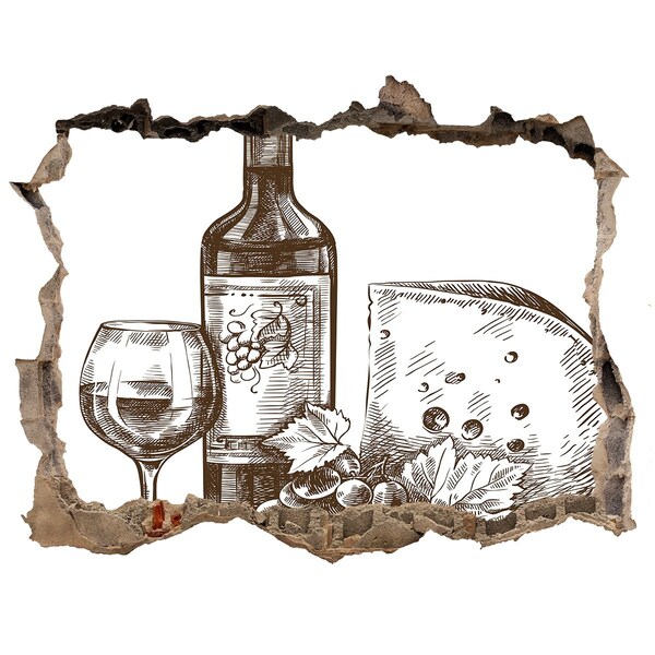 Nálepka 3D díra samolepící Víno a sýr na pozadí poškozené zdi