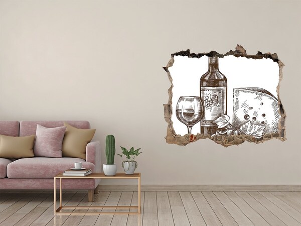 Nálepka 3D díra samolepící Víno a sýr na pozadí poškozené zdi