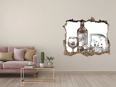 Nálepka 3D díra samolepící Víno a sýr na pozadí poškozené zdi