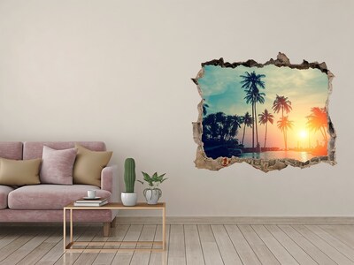 Díra 3D ve zdi nálepka Západ slunce palmy