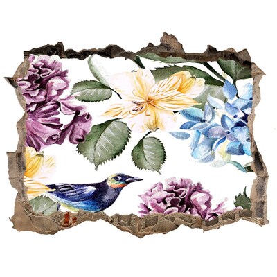 Nálepka 3D díra na zeď Květinový ráj s ptákem