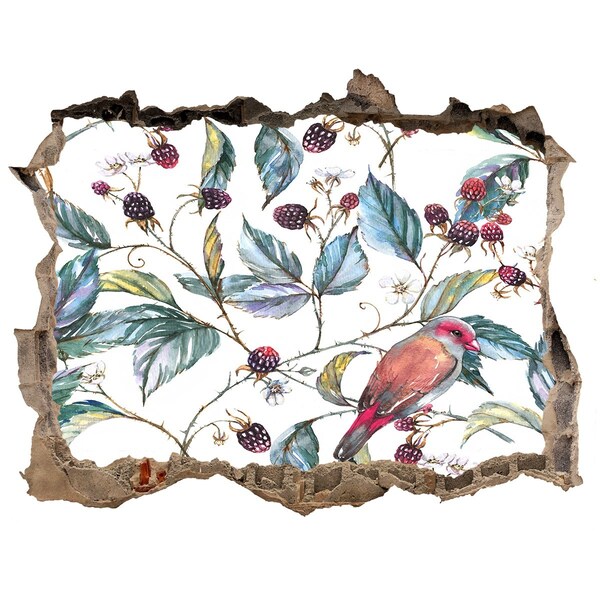 Nálepka 3D díra na zeď Pták mezi ostružinami