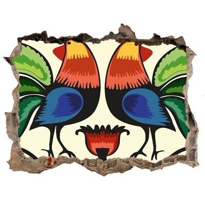 Díra 3D fototapeta na stěnu Barevní kohouti na zdi pozadí