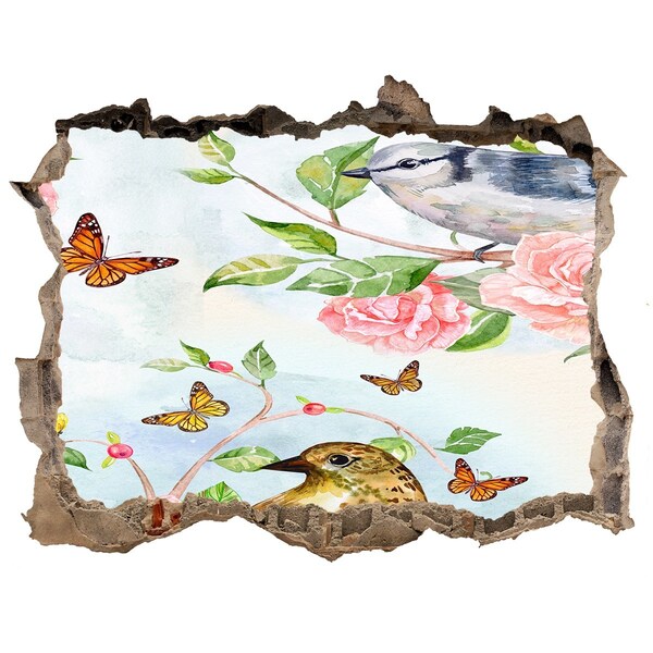 Díra 3D fototapeta nálepka Ptáci v růžové zahradě