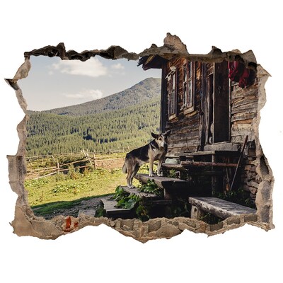 Díra 3D ve zdi nálepka Dřevěný dům hory