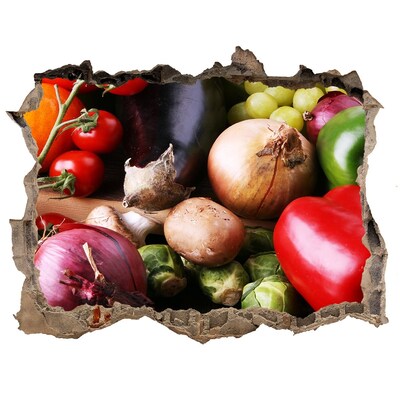 Nálepka 3D díra Ovoce a zelenina v díře ve zdi