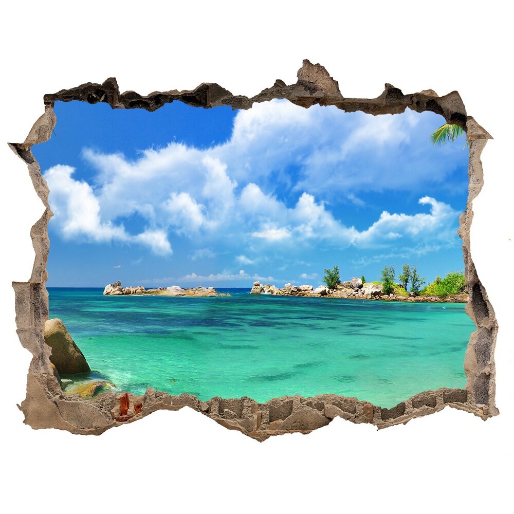 Díra 3D ve zdi nálepka Seychely pláž