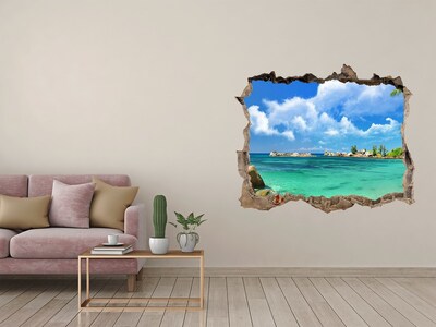 Díra 3D ve zdi nálepka Seychely pláž
