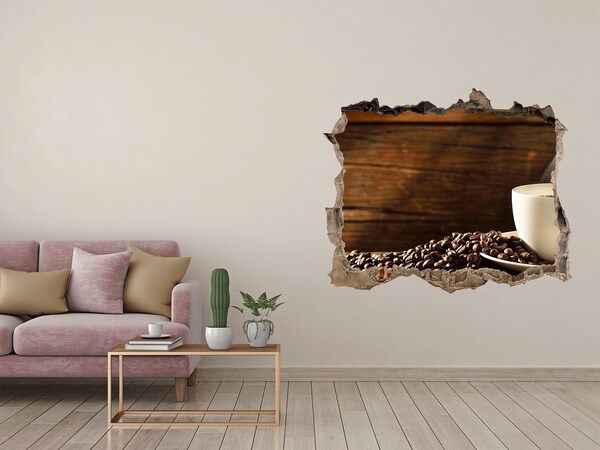 Nálepka díra na zeď beton Káva a fazole na dřevěném pozadí