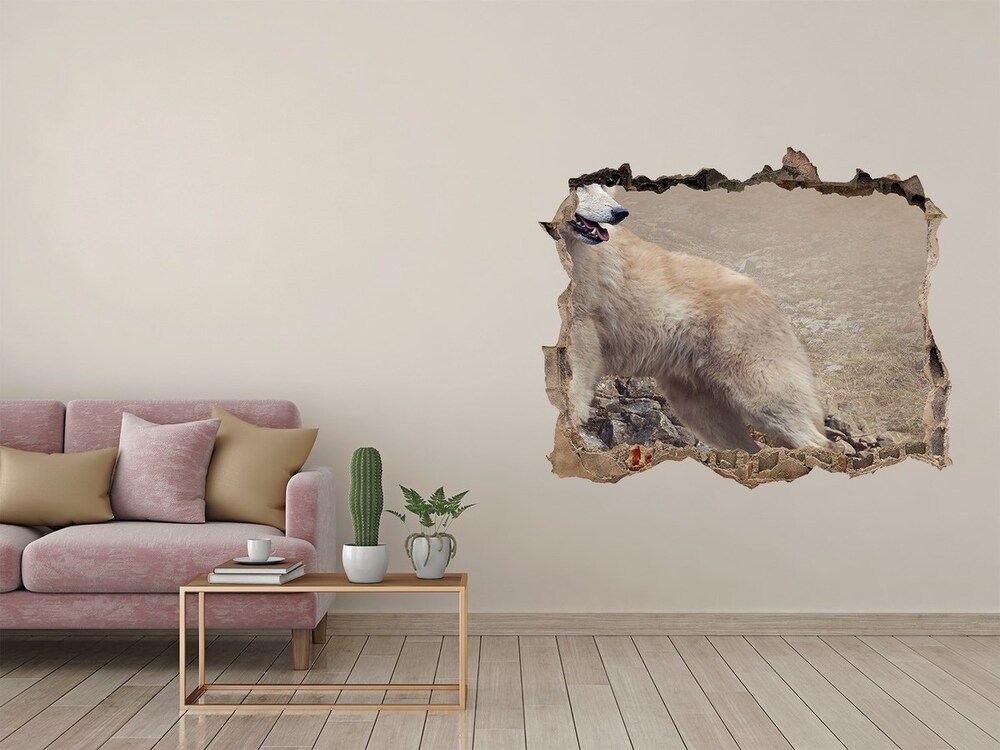 Díra 3D fototapeta na stěnu Bílý vlk na skále