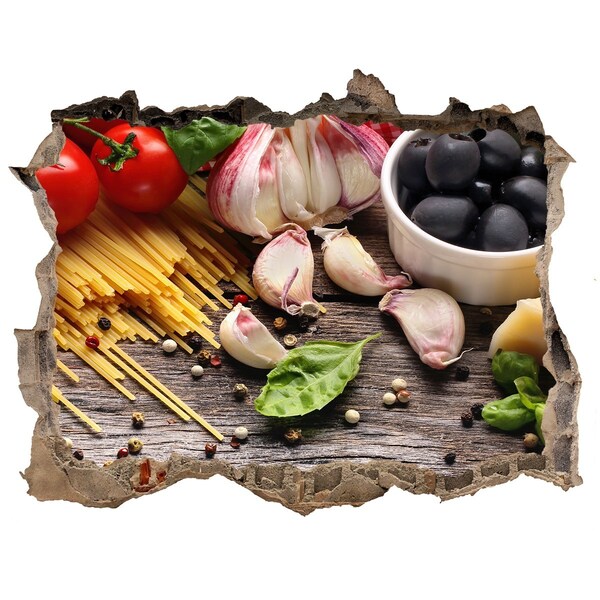 Nálepka 3D díra na zeď Italská kuchyně s těstovinami a česnekem
