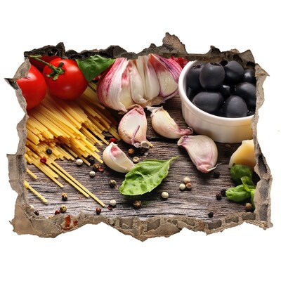 Nálepka 3D díra na zeď Italská kuchyně s těstovinami a česnekem