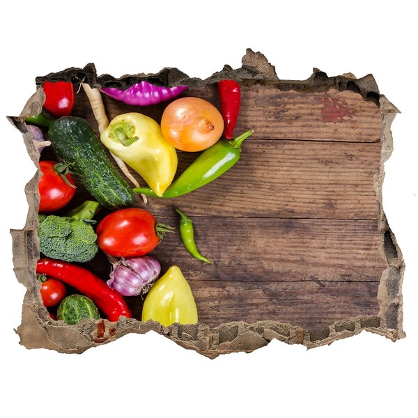 Nálepka 3D díra beton Ovoce a zelenina v díře ve zdi