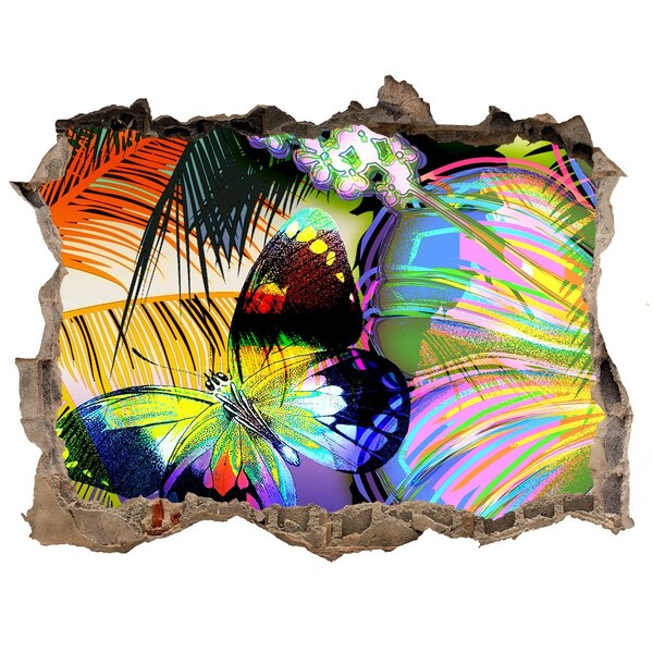 Samolepící díra nálepka Barevný motýl v díře ve zdi