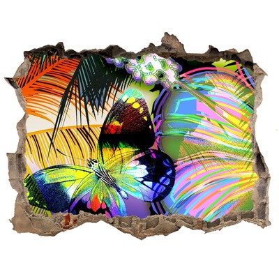 Samolepící díra nálepka Barevný motýl v díře ve zdi