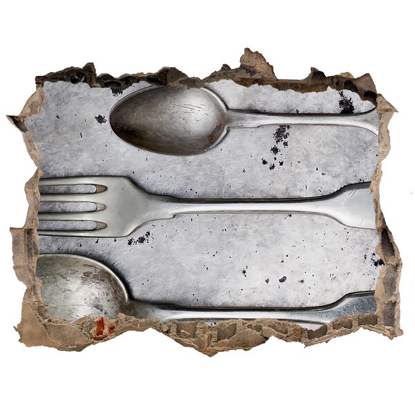 Fototapeta díra na zeď Rozbitá zeď s výhledem na příbory
