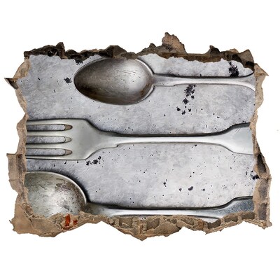 Fototapeta díra na zeď Rozbitá zeď s výhledem na příbory