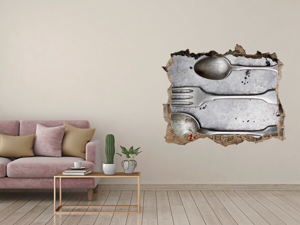 Fototapeta díra na zeď Rozbitá zeď s výhledem na příbory