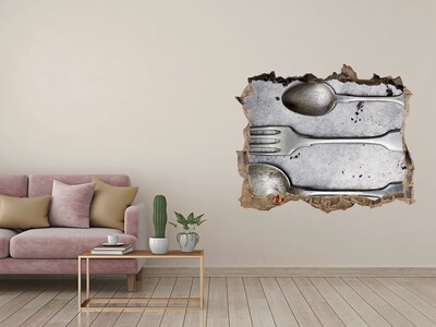 Fototapeta díra na zeď Rozbitá zeď s výhledem na příbory