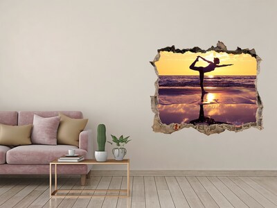 Nálepka 3D díra samolepící Jóga na pláži při západu slunce