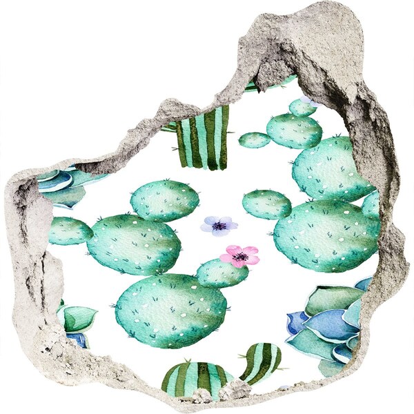 Nálepka 3D díra na zeď beton Kaktusy v díře ve zdi