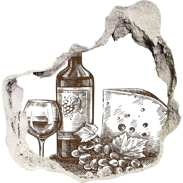 Nálepka 3D díra samolepící Víno a sýr na pozadí poškozené zdi