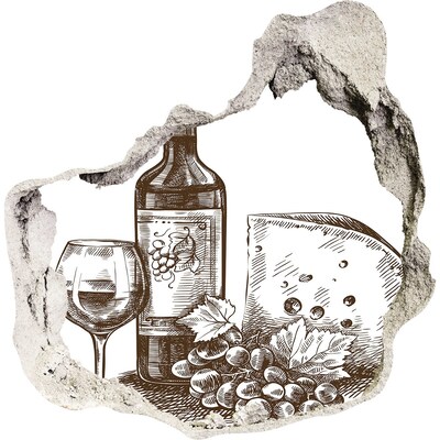 Nálepka 3D díra samolepící Víno a sýr na pozadí poškozené zdi