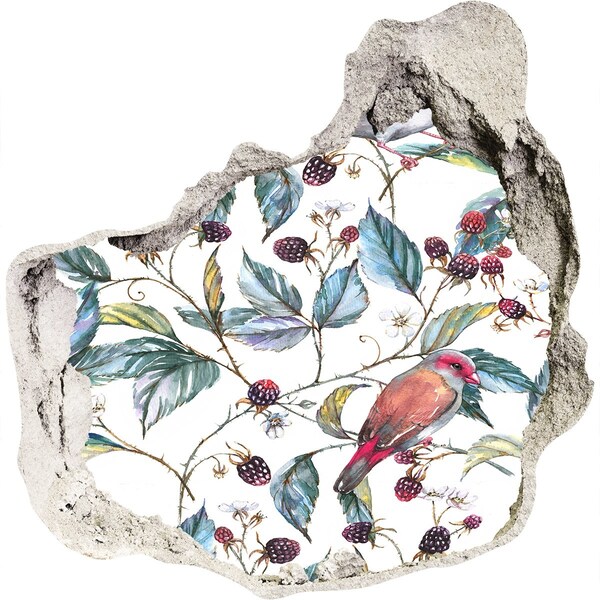 Nálepka 3D díra na zeď Pták mezi ostružinami