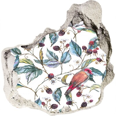 Nálepka 3D díra na zeď Pták mezi ostružinami