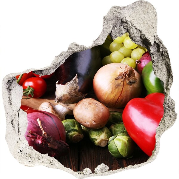 Nálepka 3D díra Ovoce a zelenina v díře ve zdi