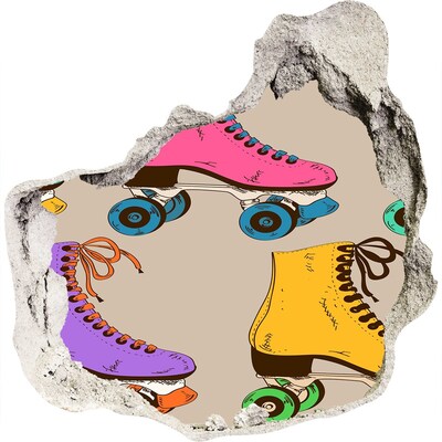 Fotoobraz díra na stěnu Barevné kolečkové brusle v díře ve zdi