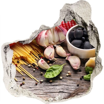 Nálepka 3D díra na zeď Italská kuchyně s těstovinami a česnekem