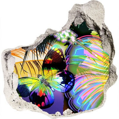 Samolepící díra nálepka Barevný motýl v díře ve zdi