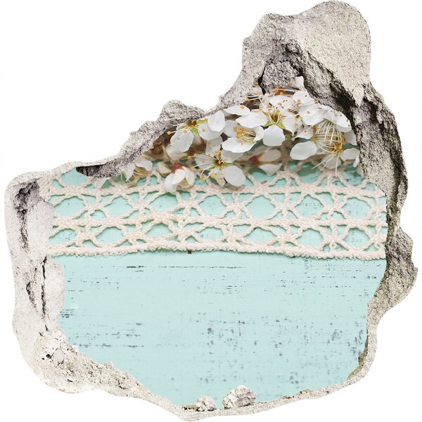 Samolepící díra nálepka Květinový motiv na modrém dřevěném pozadí