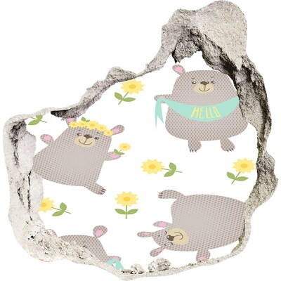 Díra 3D fototapeta nálepka Usmívající se plyšoví medvídci v květinovém prostředí