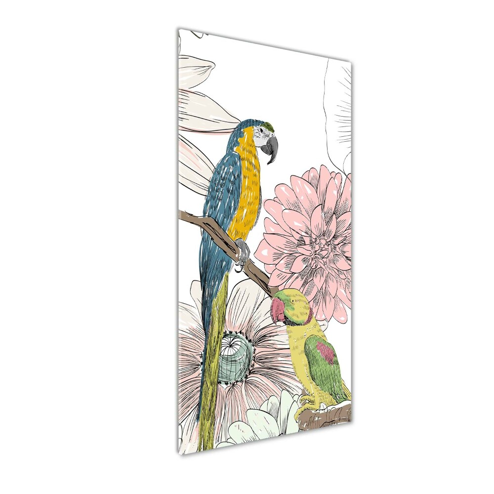 Foto obraz akrylové sklo vertikální Papoušci a květiny