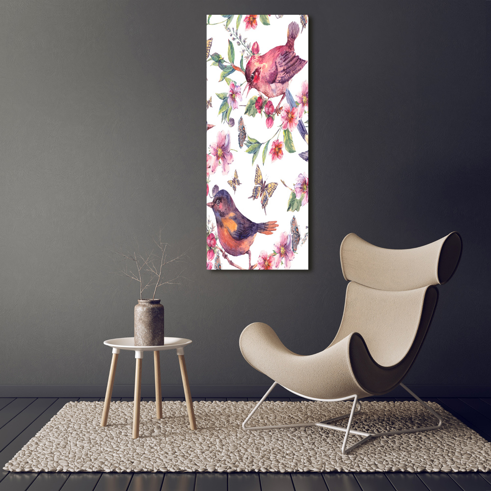 Foto obraz akrylový vertikální Ptáci motýli květiny