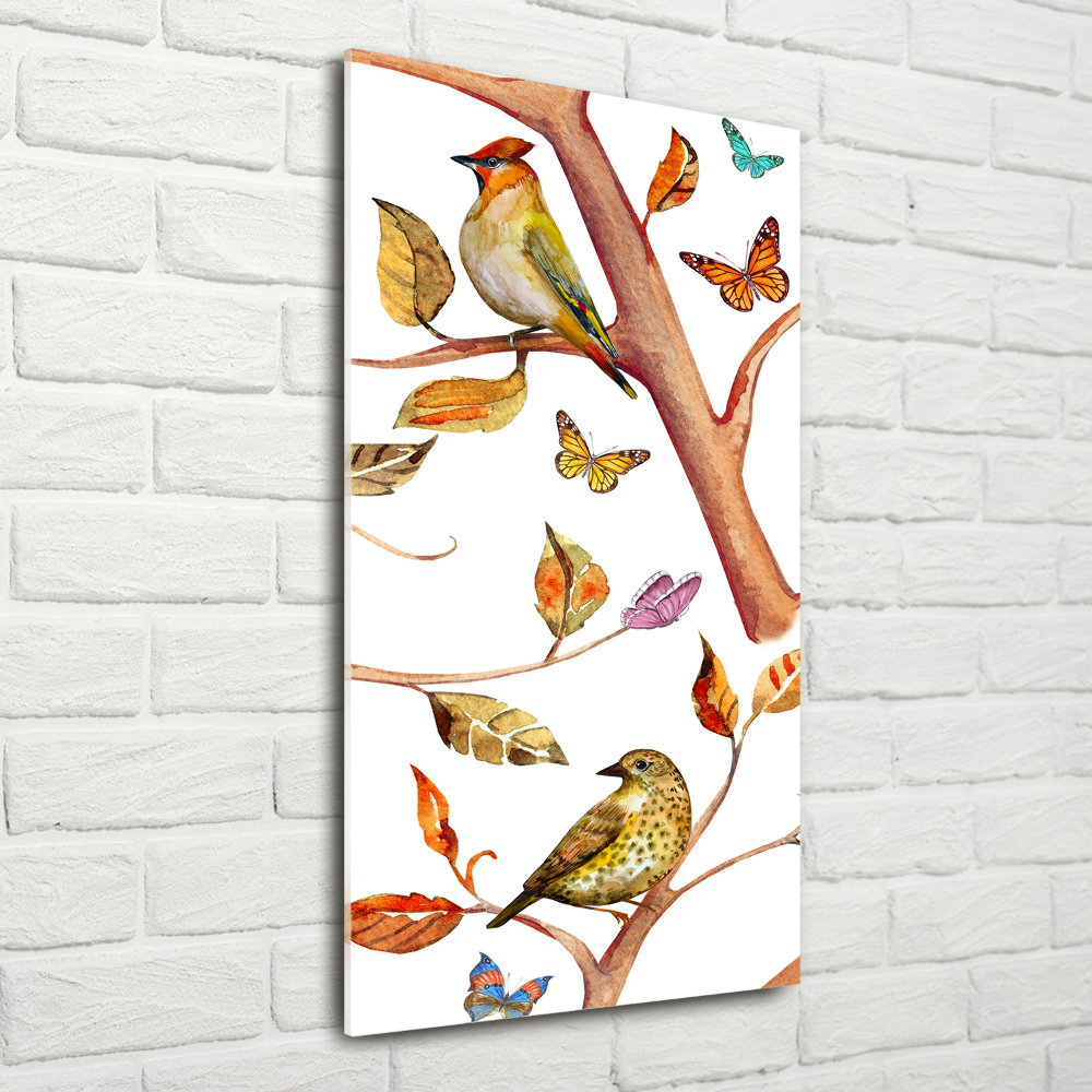 Foto obraz akrylový vertikální Ptáci motýli listí