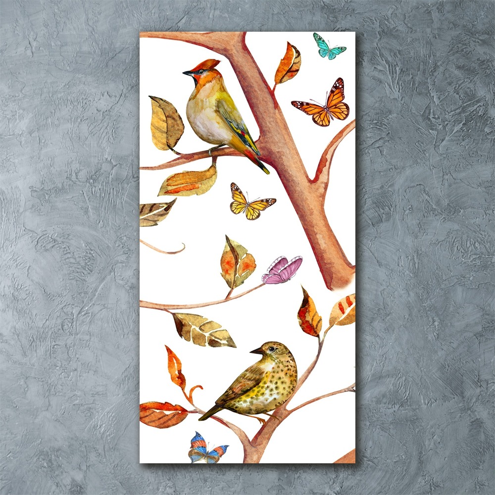Foto obraz akrylový vertikální Ptáci motýli listí