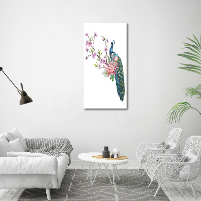 Moderní akrylový fotoobraz vertikální Páv a květiny